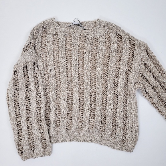 H&M cotton open knit crew neck long sleeve crop cropped beige crochet - Picture 6 of 9